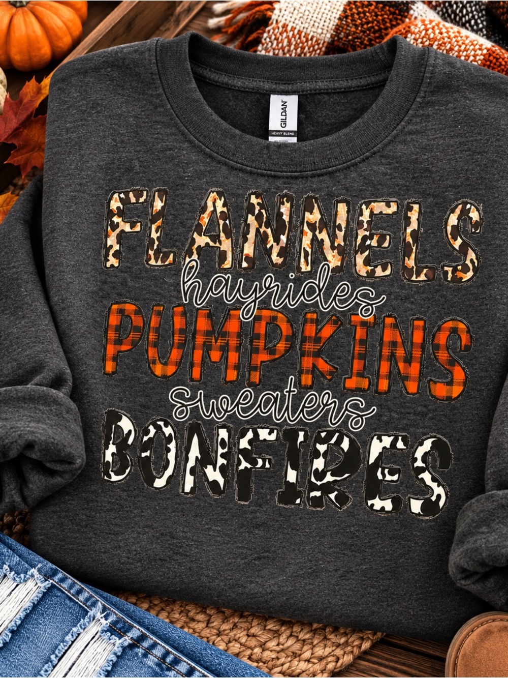 Gildan Charcoal Crewneck Sweatshirt with Orange Plaid 'PUMPKINS' Graphic